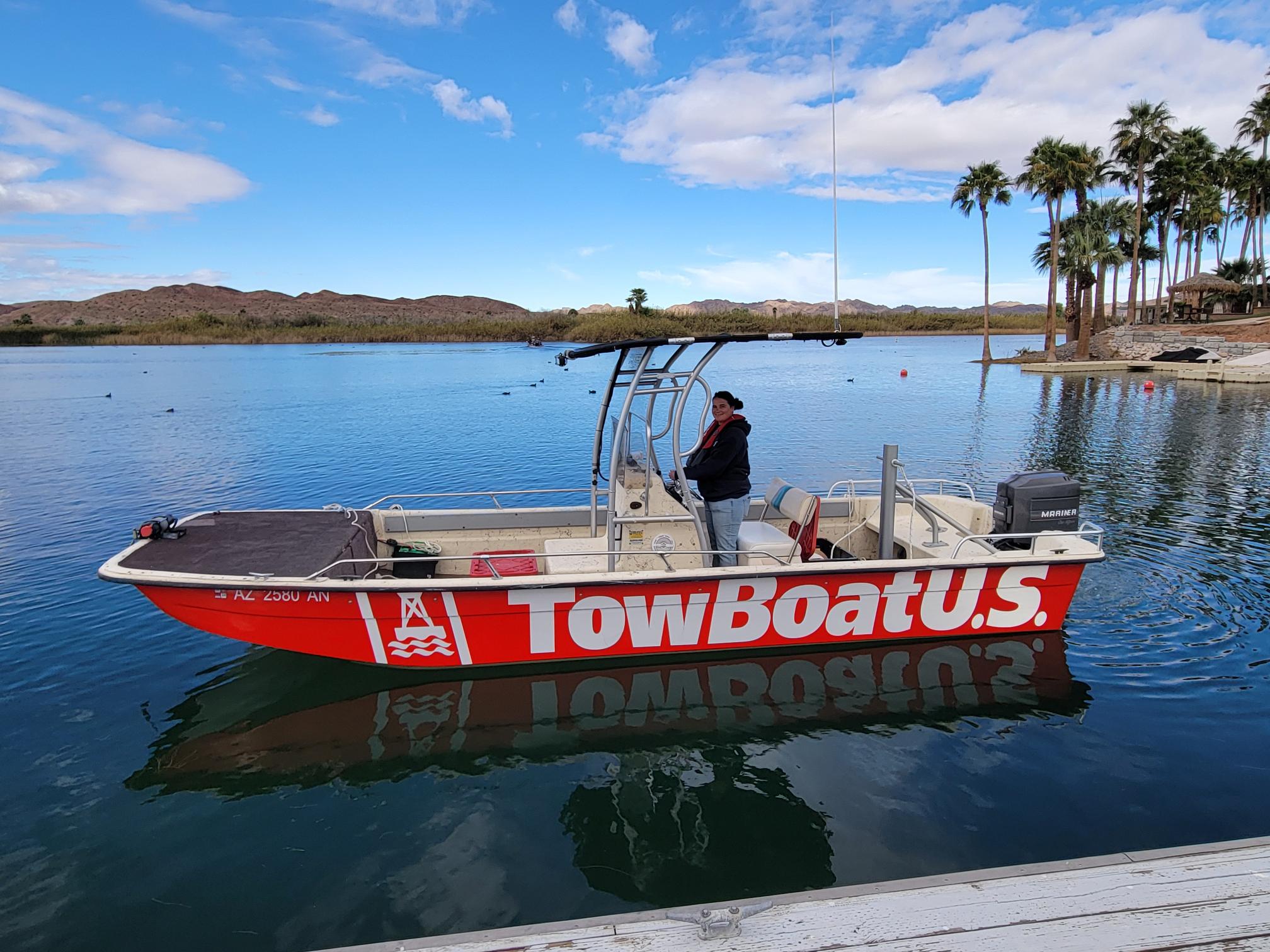 Capt. Kayla Fulcer at the helm of TowBoatUS Fisher’s Landing response vessel, ready 24/7 to assist boaters on the lower Colorado River. 